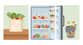 Una bolsa de tela con frutas y verduras; un refrigerador con frutas y verduras organizadas; un bote de basura con alimentos desechados