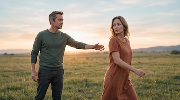 Un hombre con suéter verde extiende la mano hacia una mujer con vestido marrón que camina por un campo llano durante el atardecer.