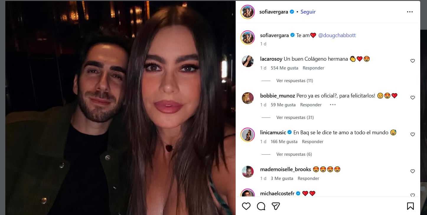 El mensaje “Te am” parecía haber eliminado toda duda y fue visto como la confirmación de un noviazgo entre Vergara y Chabbott - crédito @sofiavergara/Instagram