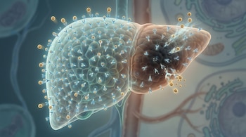 Ilustración de un hígado humano con receptores celulares y partículas de colesterol LDL adheridas; una zona del órgano muestra receptores desintegrándose.