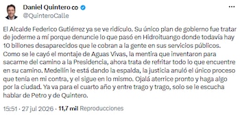 Fuerte cruce entre Daniel Quintero y Federico Gutiérrez por caso Hidroituango - crédito @QuinteroCalle/X