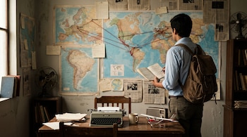Un joven de espaldas con mochila y cuaderno mira un mapa con hilos rojos frente a un escritorio con máquina de escribir, radio y avioneta.