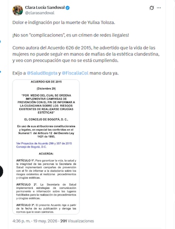 La concejala Clara Lucía Sandoval mostró su indignación por el asesinato de Yulixa Toloza - créditp @clarasandoval/X