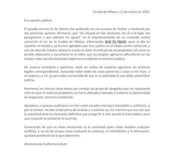 Comunicado que emitió el periodista en el año 2020
(RS)