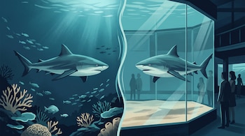 Ilustración dividida con un tiburón entre corales a la izquierda y un tiburón dentro de una vitrina de agua con siluetas humanas a la derecha.