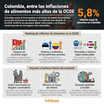 Infografía con el titular 'Colombia, entre las inflaciones de alimentos más altas de la OCDE', gráficos de barras, banderas de países y varias ilustraciones económicas.