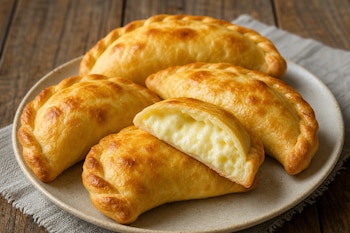 Empanadas doradas sobre un plato de cerámica en una mesa de madera, con una pieza cortada que expone el relleno de queso.