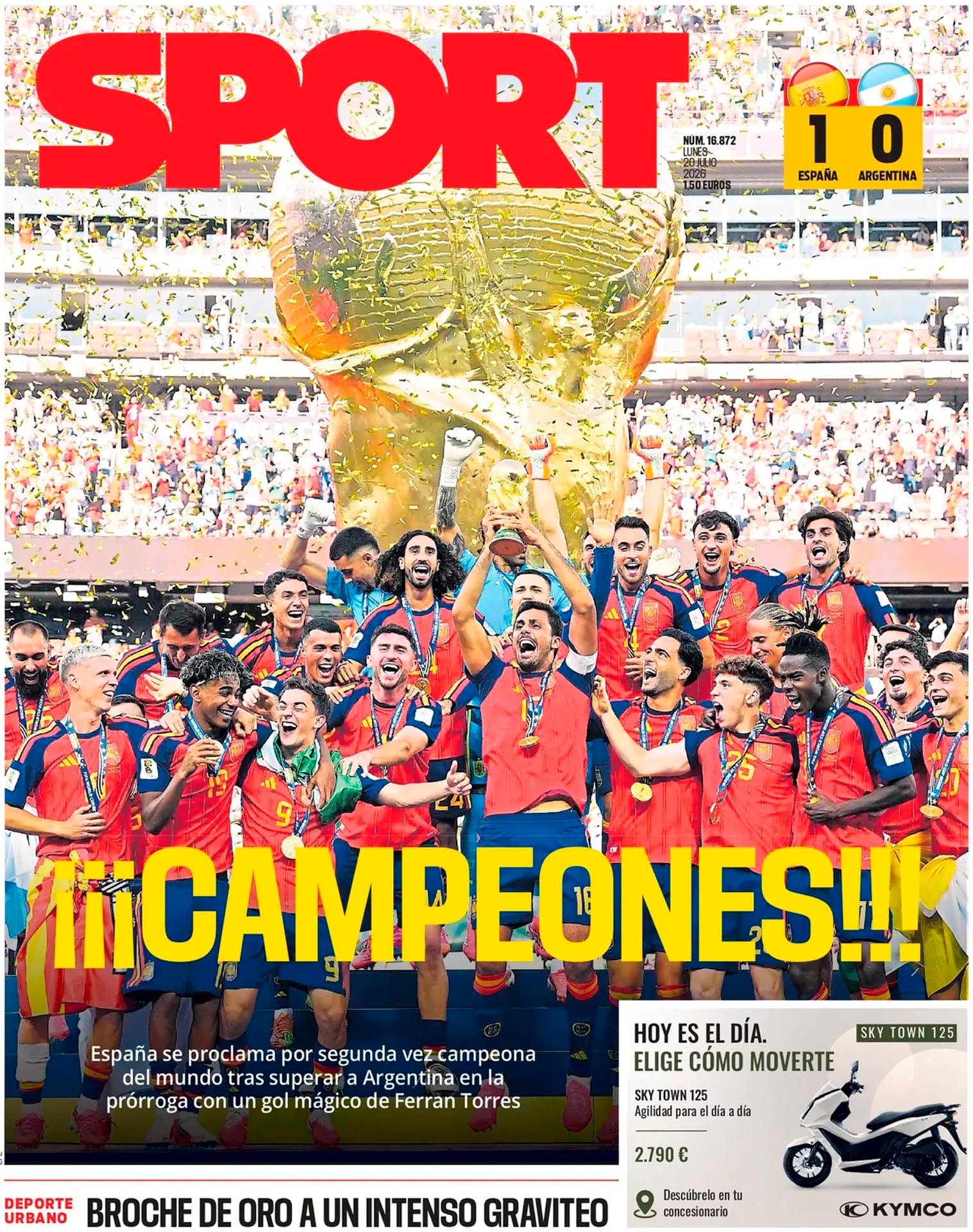 La selección española de fútbol celebra su segundo título mundial con el trofeo y confeti tras derrotar a Argentina 1-0 en la prórroga.