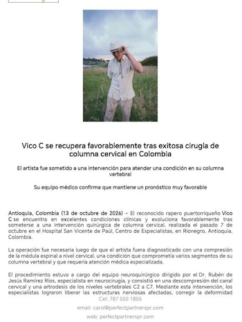 El procedimiento buscó liberar la presión sobre las estructuras nerviosas y estabilizar la columna cervical del artista - crédito @soyvicoc/ Instagram