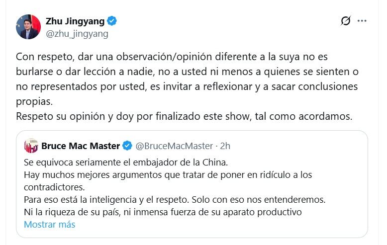 Zhu Jingyang, embajador de China en Colombia, dijo que respeta la opinión de Bruce Mac Master - crédito @Zhu_Jingyang/X