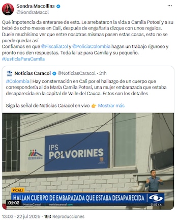 Sondra Macollins reclamó acción inmediata por el asesinato de María Camila Potosí y su bebé - crédito @SondraMacol/X