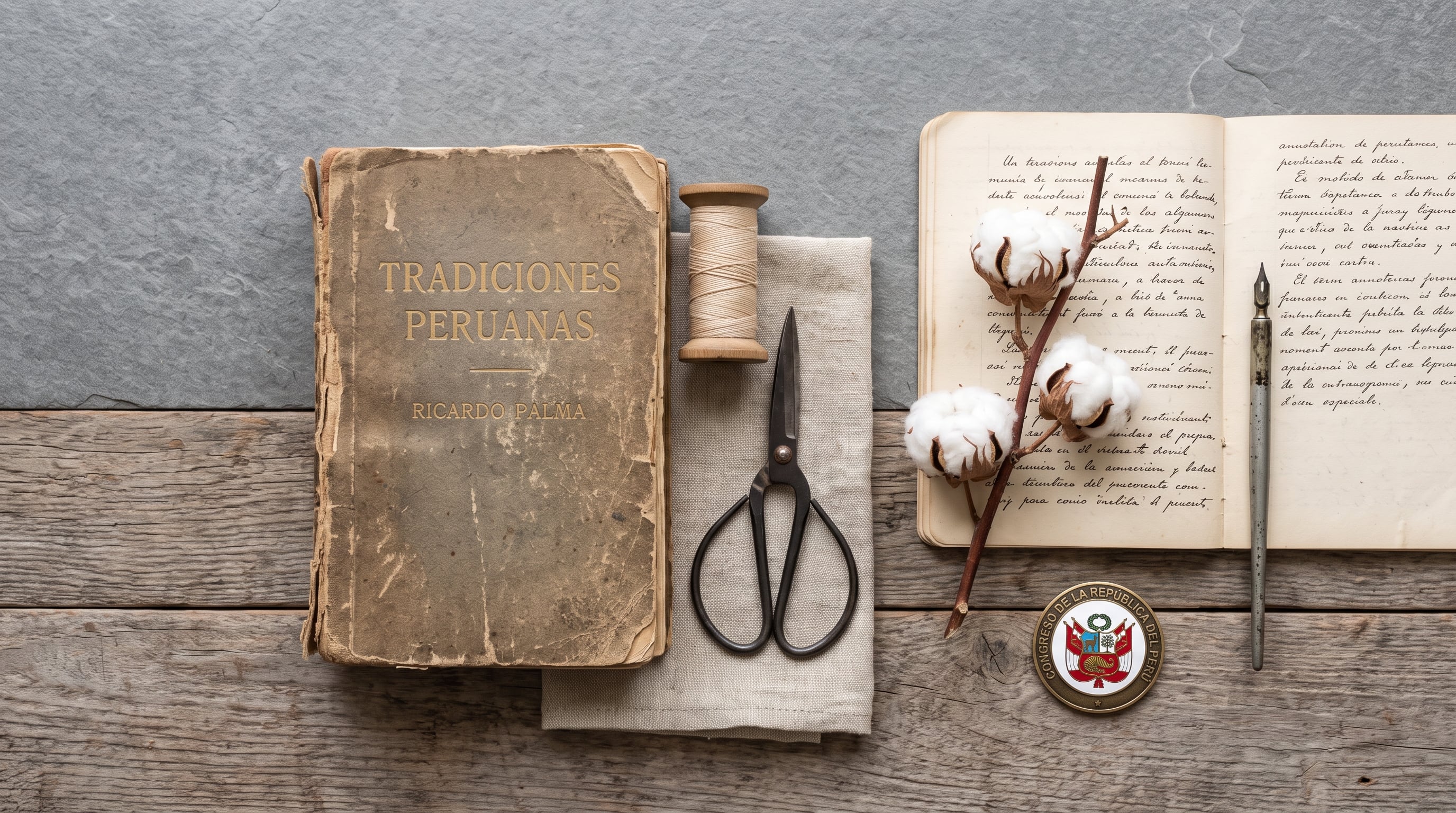 Un ejemplar antiguo de Tradiciones Peruanas de Ricardo Palma evoca la cultura y los oficios del Perú junto a herramientas de costura, manuscritos y una insignia oficial. (Imagen Ilustrativa Infobae)