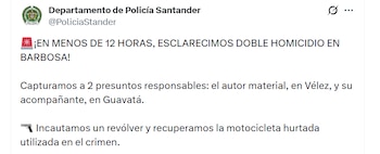 Los capturados, de 20 y 21 años, quedaron a disposición de las autoridades - crédito Departamento de Policía Santander / x