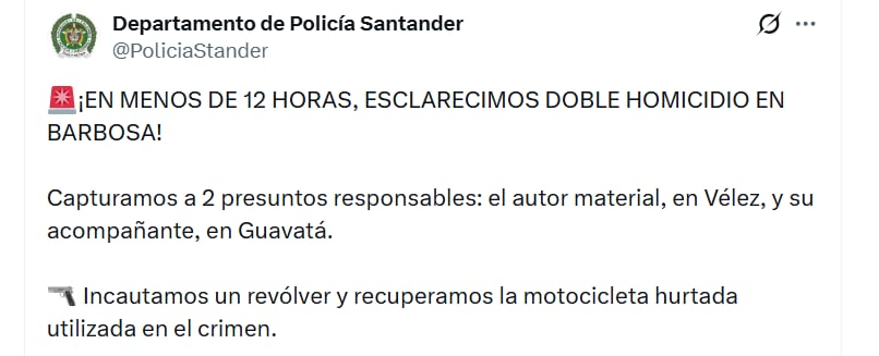 Los capturados, de 20 y 21 años, quedaron a disposición de las autoridades - crédito Departamento de Policía Santander / x