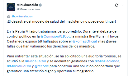 El Gobierno anunció gestiones con la Fiscalía, Fecode y los ministerios de Hacienda y Salud para buscar una salida al caso del magisterio - crédito @Mineducacion/X