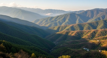 Un extenso valle montañoso cubierto de bosques con laderas verdes y algunas áreas marrones, varias casas rurales dispersas y cielo despejado.