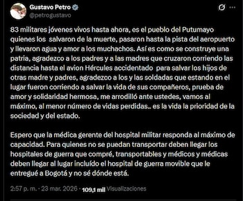 Pronunciamiento de Petro sobre la atención medica para los militares heridos tras siniestro aéreo - crédito @petrogustavo / X