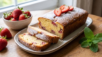 Un budín espolvoreado con azúcar impalpable y cortado en rodajas sobre una bandeja, un tazón con frutillas y hojas de menta sobre madera.