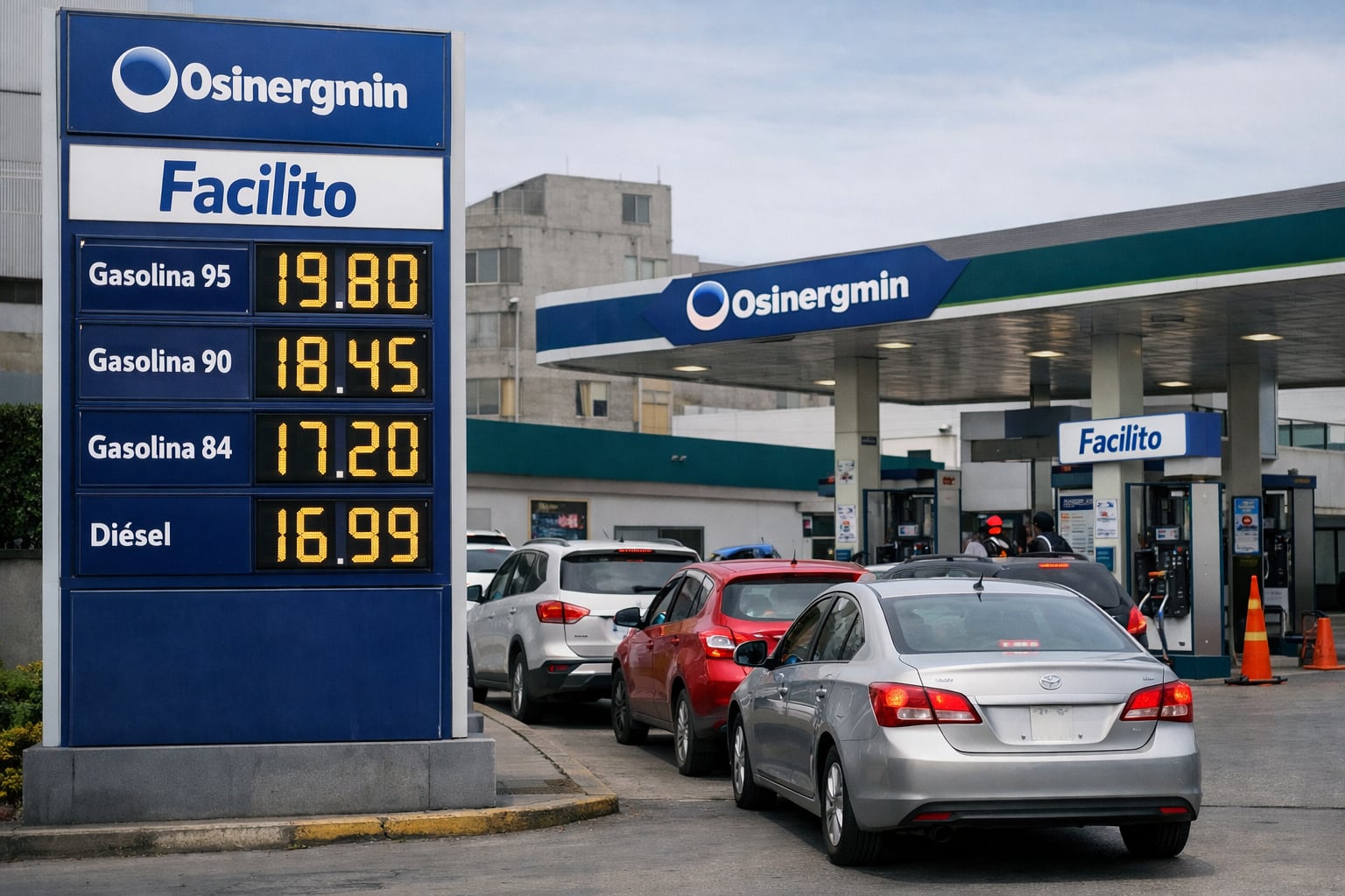 Vehículos hacen fila en una estación de servicio en Lima, Perú, con los precios de la gasolina y el diésel destacados en un cartel digital bajo la supervisión de Osinergmin y la plataforma Facilito. (Imagen Ilustrativa Infobae)
