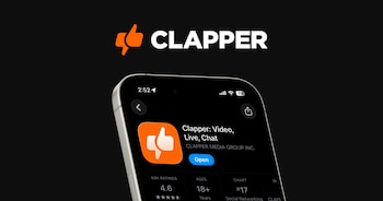 Logo naranja con una mano hacia arriba y texto blanco "CLAPPER" sobre fondo negro. Un teléfono móvil muestra la app Clapper en una tienda digital