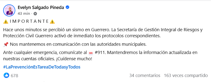 Evelyn Salgado Pineda, gobernadora de Guerrero, activa protocolos de Protección Civil tras el sismo registrado este 17 de julio en la entidad. Crédito: Captura de pantalla, Facebook