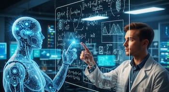 Un robot humanoide transparente y un hombre científico señalan un tablero digital que muestra fórmulas matemáticas, gráficos y datos.