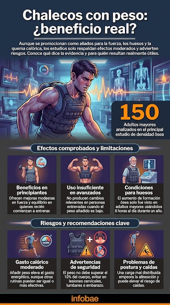 Infografía con hombre usando chaleco con peso, pantallas con datos médicos y esqueletos. Contiene texto sobre beneficios, limitaciones, riesgos y el número 150.