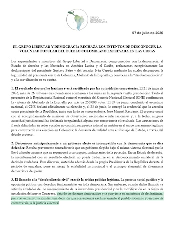 El Grupo Libertad y Democracia afirmó que desconocer anticipadamente a un gobierno electo es incompatible con la democracia y rechazó la desobediencia civil contra el nuevo mandatario - crédito Libertad y Democracia