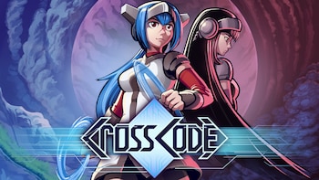 Dos figuras femeninas ilustradas. Una con cabello azul y uniforme blanco. Otra de cabello oscuro. Un cielo nocturno con nubes y una luna. Título 'CROSSCODE'