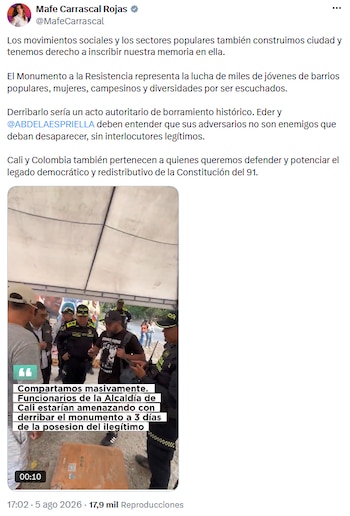 Mafe Carrascal acusó a la Alcaldía de Cali de intentar borrar la memoria de la protesta - crédito @MafeCarrascal/X
