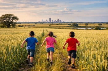Vista trasera de tres niños (dos niños, una niña) corriendo por un sendero entre cultivos. Al fondo se distingue la silueta de una ciudad bajo un cielo con nubes.