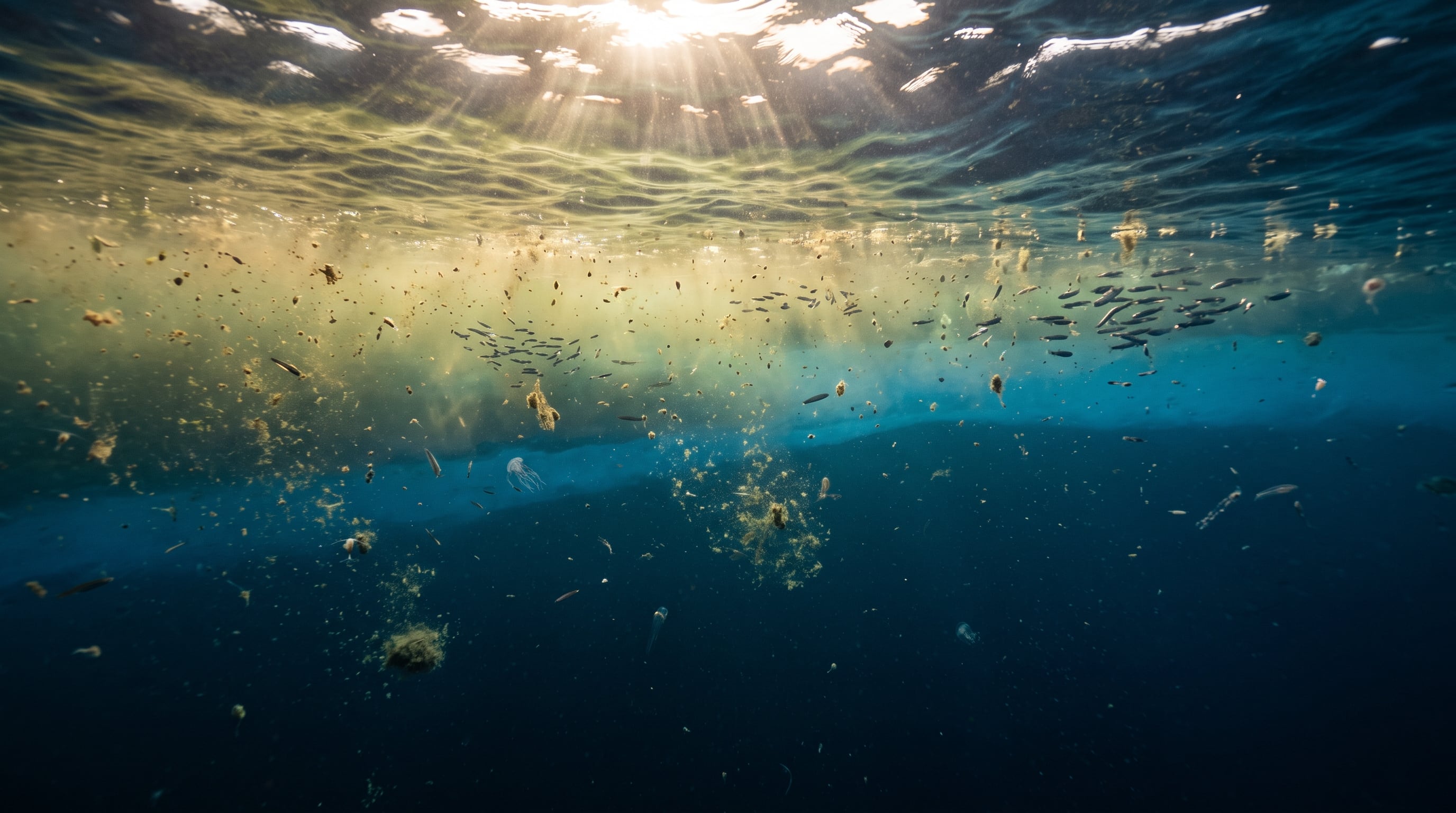 Pequeños peces y plancton flotan bajo la superficie del mar en el Perú, donde el fenómeno de El Niño altera las condiciones del ecosistema marino. (Imagen Ilustrativa Infobae)