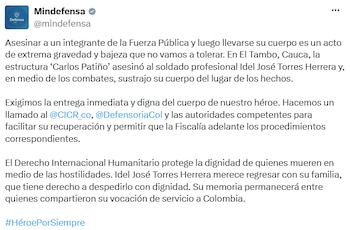 El Ministerio de Defensa pidió la intervención de organismos humanitarios para facilitar la recuperación de los restos. - crédito @mindefensa/X