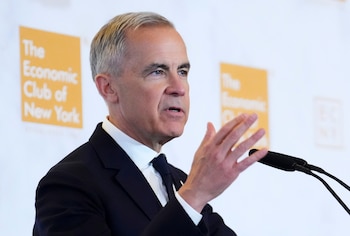 El primer ministro canadiense, Mark Carney, pronuncia un discurso y participa en una mesa redonda en el Club Económico de Nueva York el jueves 28 de mayo de 2026 (Sean Kilpatrick/The Canadian Press vía AP)