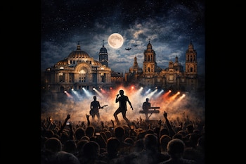 Siluetas de una banda tocando en un escenario con una multitud animada. Detrás, edificios históricos iluminados bajo una luna llena, murciélagos y un cielo estrellado.