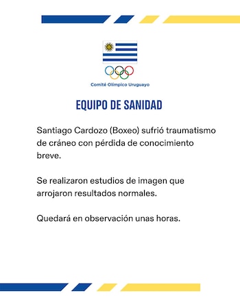 Comunicado oficial del Comité Olímpico Uruguayo titulado Equipo de sanidad, con texto sobre el estado médico del boxeador Santiago Cardozo