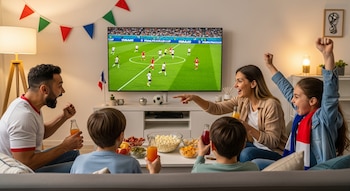 Familia de cinco (padres, dos niños, una niña) sentada en un sofá, mirando un partido de fútbol en TV. Todos beben jugos y muestran emoción, con aperitivos en la mesa.