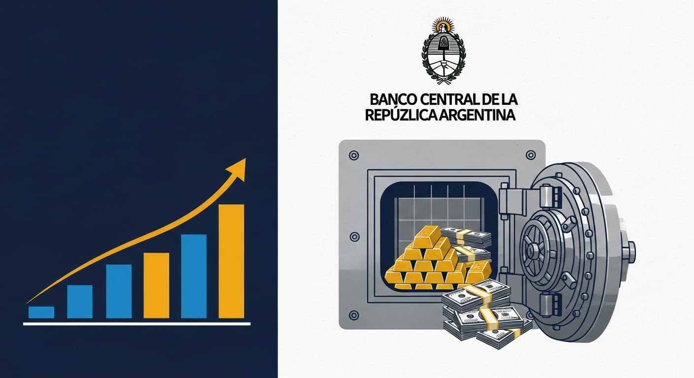 Esta ilustración muestra una bóveda bancaria abierta con oro y dólares junto al logo del Banco Central de la República Argentina y un gráfico que simboliza el crecimiento de las reservas. (Imagen Ilustrativa Infobae)