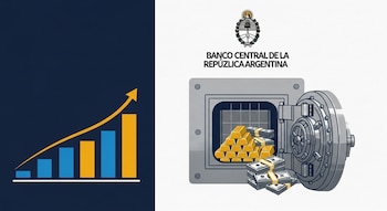 Gráfico ascendente y bóveda bancaria abierta con lingotes de oro y dólares. Sobre ella, el logo del Banco Central de la República Argentina.