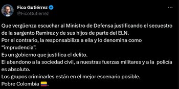 Federico Gutiérrez rechaza comentario de minDefensa
Fuente: @FicoGutierrez