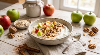 Tazón con yogur, trozos de manzana, avena y nueces junto a manzanas enteras, varas de canela y una cuchara sobre una mesa de madera.