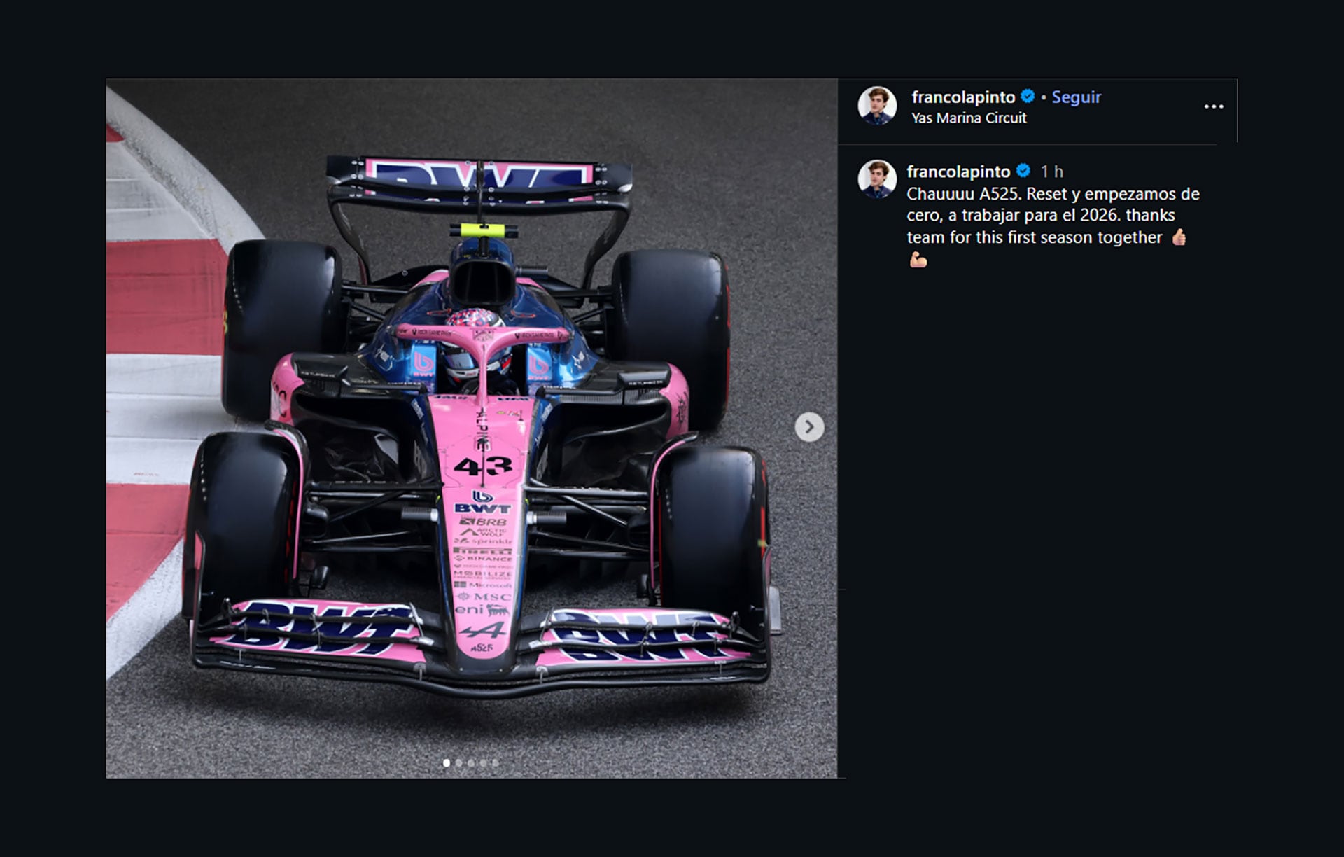 El posteo de Franco Colapinto (@francolapinto)