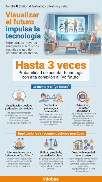 Infografía muestra una pareja de adultos mayores viendo una proyección de dispositivos de asistencia en el hogar, con textos sobre el estudio y sus implicaciones.