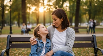 Madre e hija, ambas morenas, sentadas en un banco de madera en un parque al atardecer, mirándose y sonriendo. La madre abraza a la niña, que lleva chaqueta vaquera.