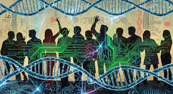 Siluetas de diez personas se superponen con un patrón de circuitos digitales verdes y múltiples cadenas de ADN azules y naranjas sobre un fondo abstracto con números.