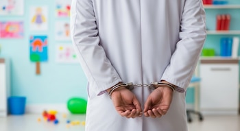 Primer plano de un hombre de espaldas, vistiendo una bata blanca de médico, con las manos esposadas detrás de su espalda en un consultorio de pediatría.