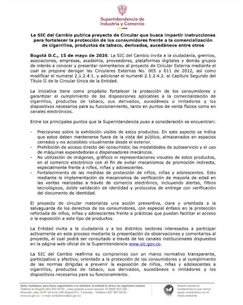 La Superintendencia de Industria y Comercio (SIC) propuso el 15 de mayo de 2026 un proyecto de Circular que, según la entidad, busca “fortalecer la protección de los consumidores” ante la venta de cigarrillos y sus derivados a menores de edad - crédito @sicsuper/X