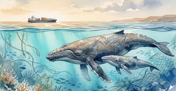 Ilustración en acuarela de una ballena con cicatrices en el lomo y su cría nadando bajo el agua con un buque de carga al fondo