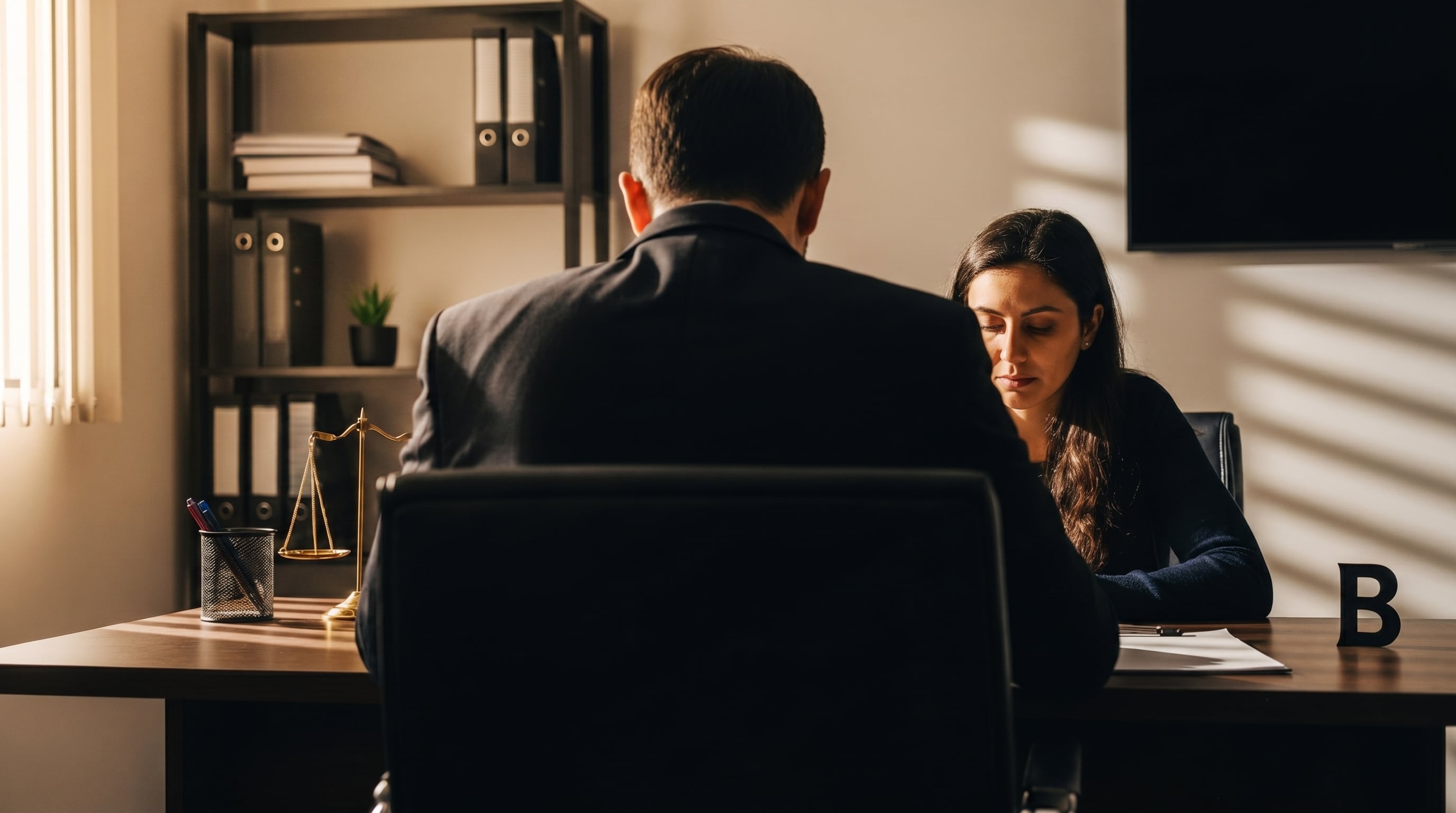 Un abogado en traje atiende a una cliente, cuya cara no se ve, en su despacho, reflejando seriedad y confidencialidad durante la sesión. (Imagen Ilustrativa Infobae)
