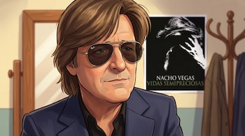Caricatura de Nacho Vegas en primer plano con gafas de sol oscuras y chaqueta oscura. Fondo desenfocado con un póster de "Vidas Semipreciosas" y un perchero.
